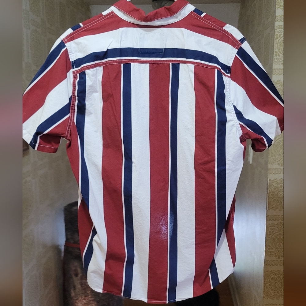 Red, White, and Blue Striped Men's Shirt-Hollister - Picture 2 of 3
